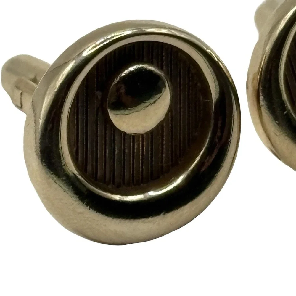 Vintage Cufflinks Round Gold‎ Tone Crescent Moon Wood Look Formal Men's Textured